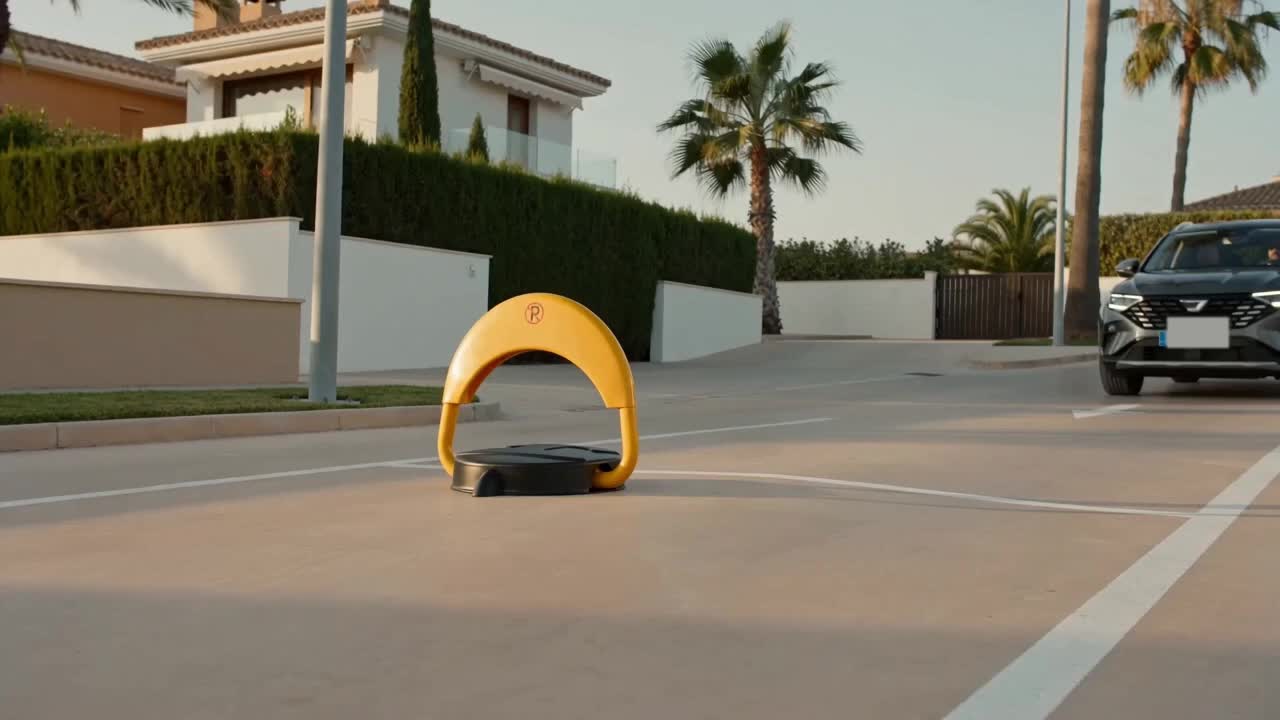 Yellow Parkly automatic parking barrier standing upright in a private parking space, with a car waiting in front of it.